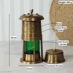 Product image of the brass oil lamp with labeled dimensions showing 15 cm height, 6 cm width, and 290g weight.