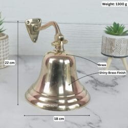 Image of the brass ship's bell with dimensions showing 22 cm height, 18 cm width, and 1300g weight.