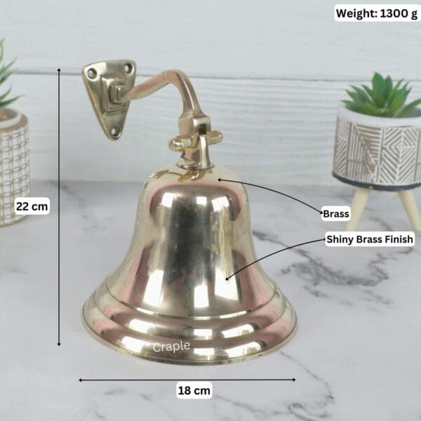 Brass Nautical Ship Bell-5 Image of the brass ship's bell with dimensions showing 22 cm height, 18 cm width, and 1300g weight.
