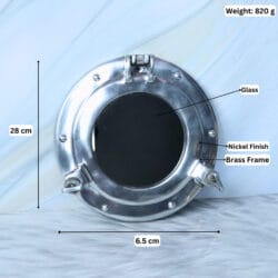 Image of the nautical porthole mirror with dimensions showing a 28 cm diameter, 820g weight, and nickel finish.