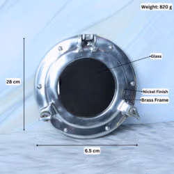 Image of the nautical porthole mirror with dimensions showing a 28 cm diameter, 820g weight, and nickel finish.