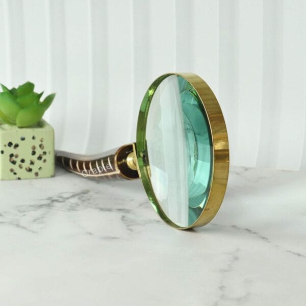 The brass and carved wood feather handle magnifying glass displayed as a stylish desk accessory next to a small plant.