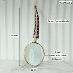 Image of the feather handle magnifier with labeled dimensions: 26.5 cm length, 10 cm lens, 275g weight, and 5X magnification.