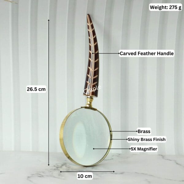 Image of the feather handle magnifier with labeled dimensions: 26.5 cm length, 10 cm lens, 275g weight, and 5X magnification.