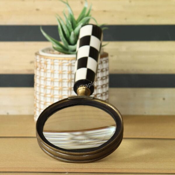 The checkerboard handle magnifying glass standing upright as a stylish desk accessory next to a small plant.