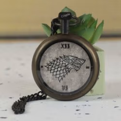 An antique brass pocket watch featuring a Direwolf sigil on the dial, propped against a small succulent.