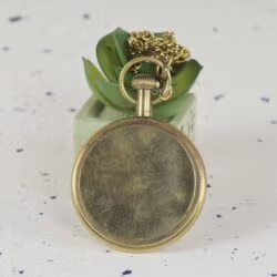 Rear view of the antique brass pocket watch, showing the brushed, non-engraved finish of the back case.