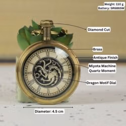 Image of the dragon pocket watch with labels showing its 4.5 cm diameter, antique brass finish, and quartz movement.