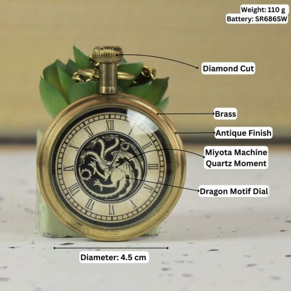 Image of the dragon pocket watch with labels showing its 4.5 cm diameter, antique brass finish, and quartz movement.