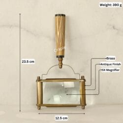 Image of the rectangular magnifier with labeled dimensions: 23.5 cm length, 12.5 cm width, 390g weight, and 5X magnification.
