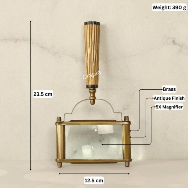 Image of the rectangular magnifier with labeled dimensions: 23.5 cm length, 12.5 cm width, 390g weight, and 5X magnification.