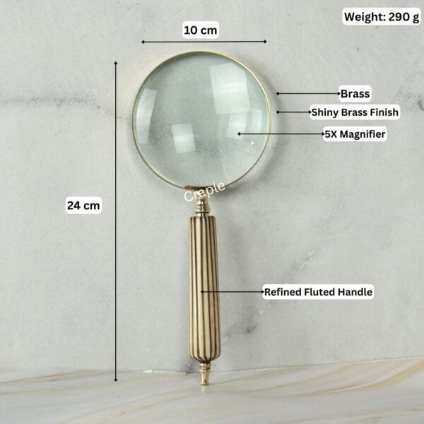 Image of the brass magnifying glass with labeled specifications: 24 cm length, 10 cm width, 280g weight, and 5X magnifier.