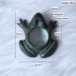 Product image of the frog magnifier with labeled dimensions: 14 cm height, 12 cm width, and 280g weight.