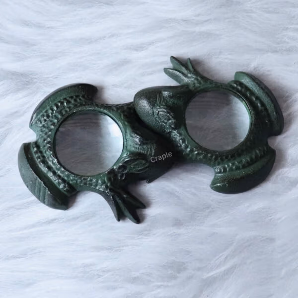 Frog Magnifying Glass-9 An overhead view of two frog magnifying glasses interacting on a white surface.