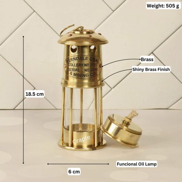 Handcrafted Antique Brass Miner’s Lantern-7 Image of the brass miner's lamp with dimensions showing 18.5 cm height, 6 cm width, and 505g weight.
