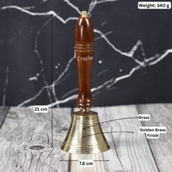 Image of the brass hand bell with labeled dimensions: 21 cm height, 7.8 cm width, and 340g weight.