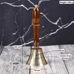 Image of the brass hand bell with labeled dimensions: 21 cm height, 7.8 cm width, and 340g weight.