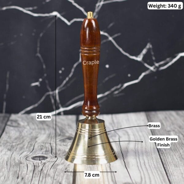 Image of the brass hand bell with labeled dimensions: 21 cm height, 7.8 cm width, and 340g weight.