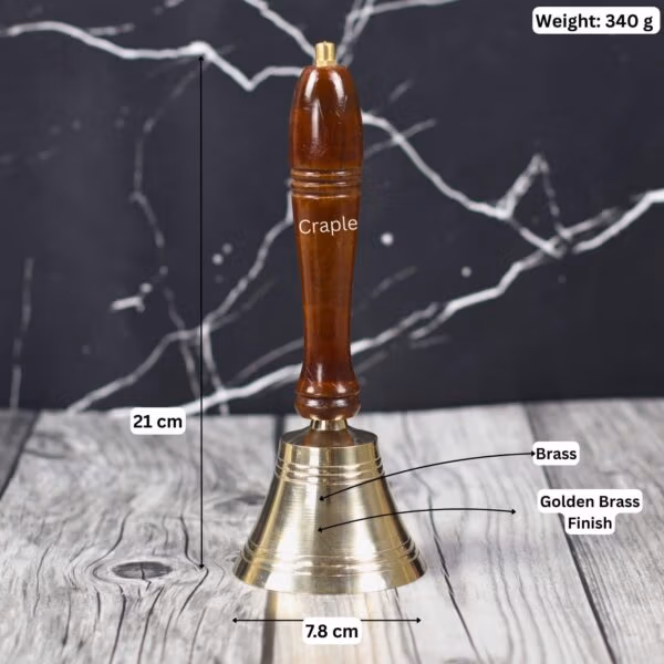 Image of the brass hand bell with labeled dimensions: 21 cm height, 7.8 cm width, and 340g weight.
