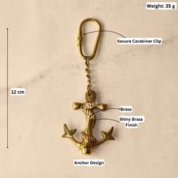 Image of the brass anchor keychain with dimensions showing a 12 cm total length and a weight of 35 grams.