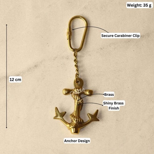 Handmade Anchor Rope Keychain-8 Image of the brass anchor keychain with dimensions showing a 12 cm total length and a weight of 35 grams.