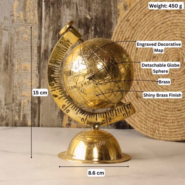 Image of the brass globe with dimensions: 15 cm height, 8.6 cm width, and 450g weight.