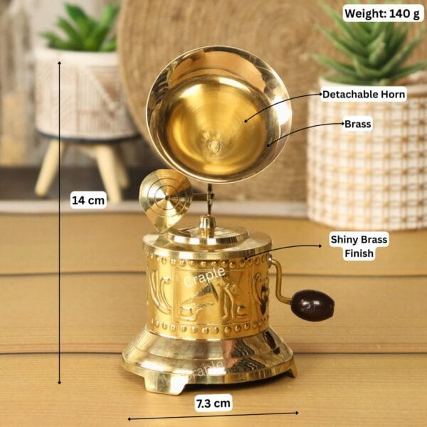 Image showing the dimensions of the handmade brass gramophone: 14 cm height, 13 cm width, and 340g weight.