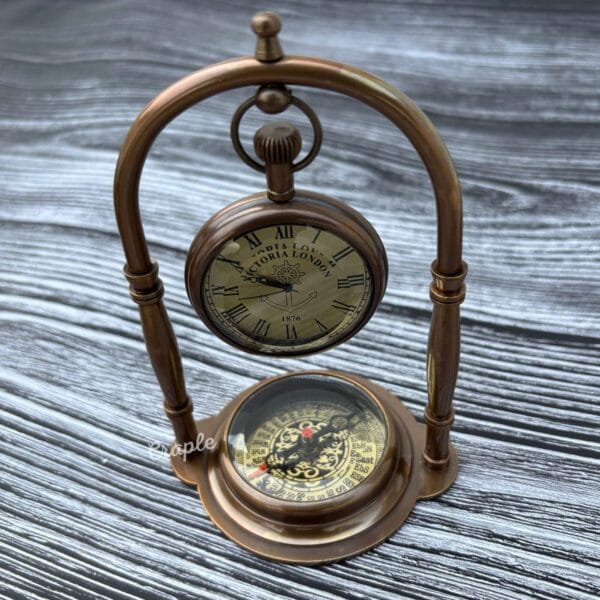 Engraved Desk Clock Built-In Base Compass, Victoria London Antique Brass Table Clock - Image 8