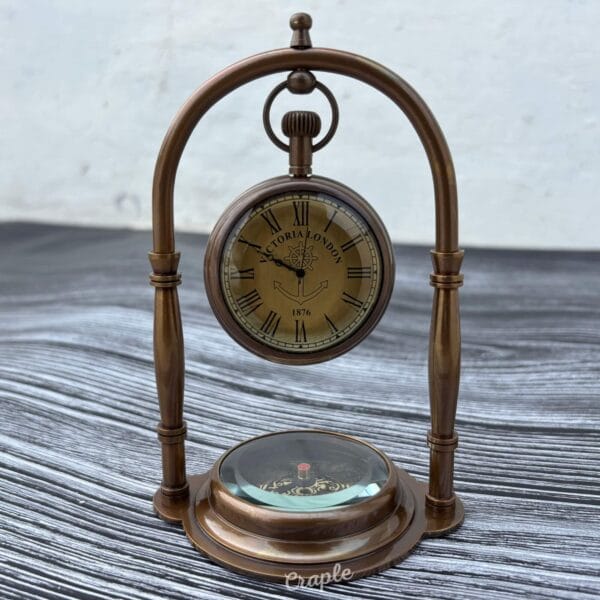 Engraved Desk Clock Built-In Base Compass, Victoria London Antique Brass Table Clock - Image 7