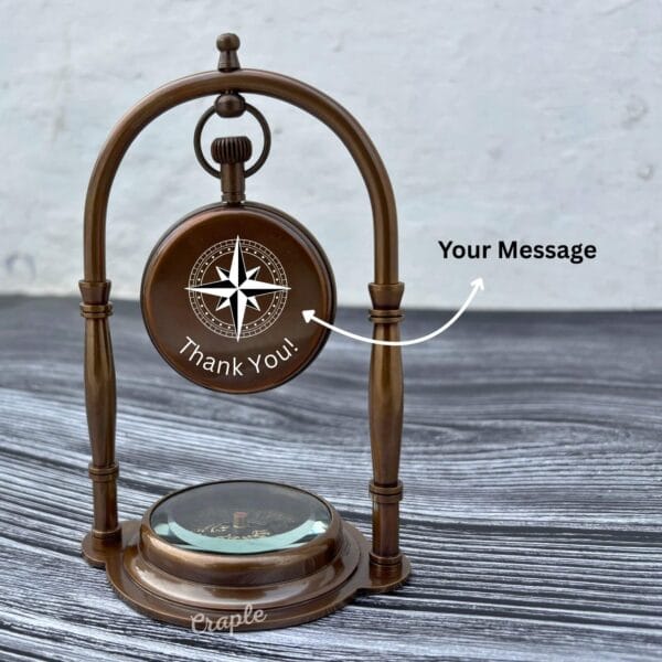 Engraved Desk Clock Built-In Base Compass, Victoria London Antique Brass Table Clock - Image 4