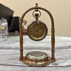 Engraved Desk Clock Built-In Base Compass, Victoria London Antique Brass Table Clock