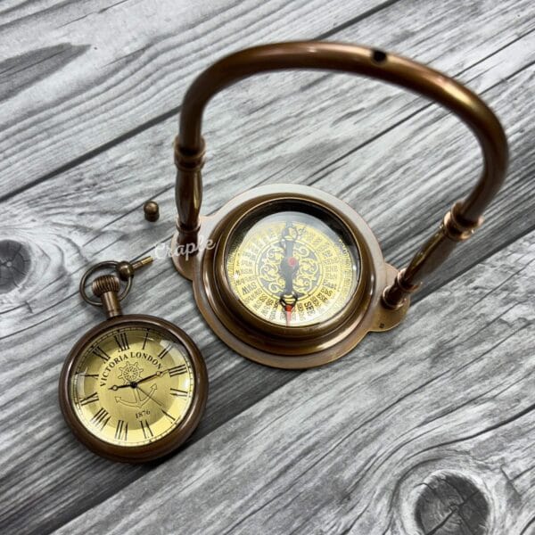 Engraved Desk Clock Built-In Base Compass, Victoria London Antique Brass Table Clock - Image 9