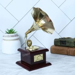 Angled back view of the decorative brass gramophone horn, showcasing its petaled flower-like shape.