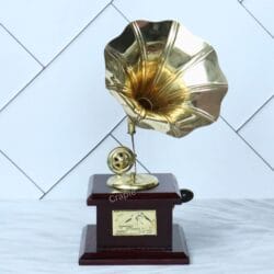 Direct front view of a handmade miniature gramophone with a large brass horn.