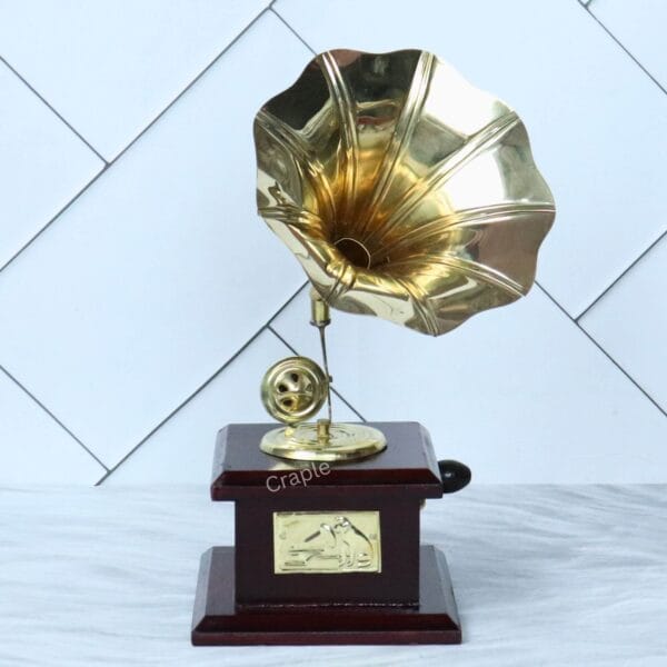 Direct front view of a handmade miniature gramophone with a large brass horn.