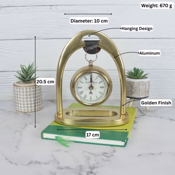 Image showing the dimensions of the golden desk clock: 20.5 cm height, 17 cm width, 10 cm diameter, and 670 g weight.