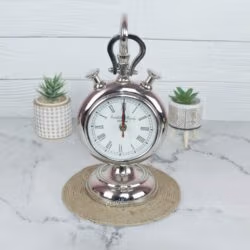 Front view of a vintage stopwatch-style hanging desk clock with a nickel finish, Roman numerals, and a sturdy base.