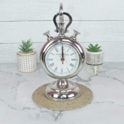 The nickel-plated aluminum stopwatch clock displayed as a decorative piece between two small potted succulents.