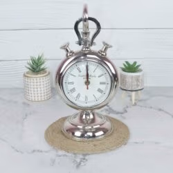 The nickel-plated aluminum stopwatch clock displayed as a decorative piece between two small potted succulents.