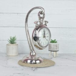 Side profile of the hanging desk clock, showing the curved aluminum stand and the depth of the stopwatch casing.