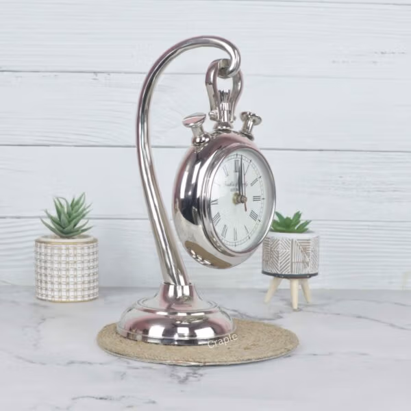 Side profile of the hanging desk clock, showing the curved aluminum stand and the depth of the stopwatch casing.