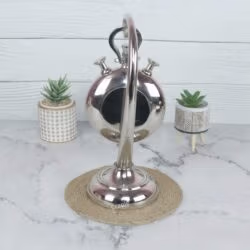 Rear view of the aluminum stopwatch desk clock, showing the back of the casing and the stand's construction.