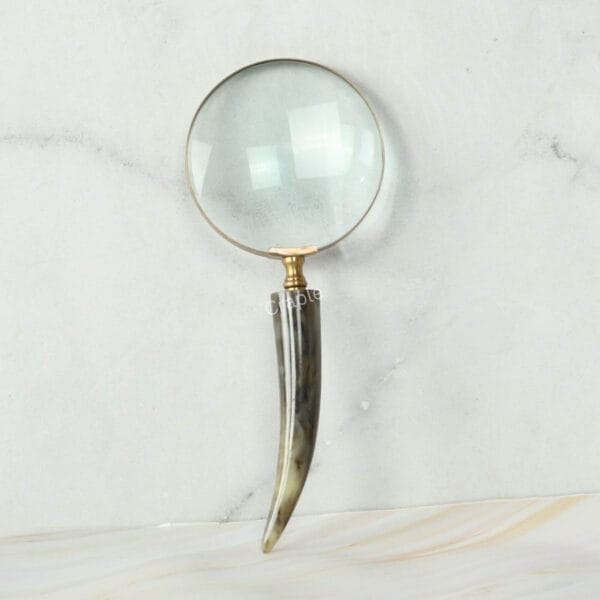 Top-down view of a handheld magnifying glass with a polished brass frame and a genuine curved horn handle.
