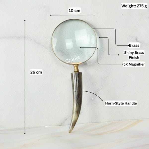 Image of the horn handle magnifier with labeled dimensions: 26 cm length, 10 cm lens diameter, 275g weight, and 5X magnification.