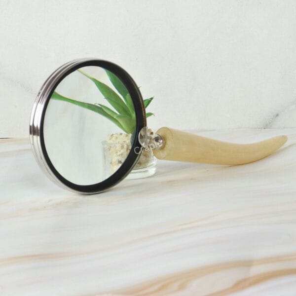 Horn Style Handle Magnifier | Nickel Finish Brass, Clear Lens | Rustic Modern Reading Aid & Gift - Image 1