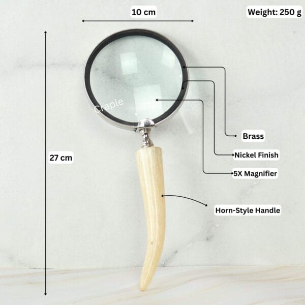 Horn Style Handle Magnifier | Nickel Finish Brass, Clear Lens | Rustic Modern Reading Aid & Gift - Image 5