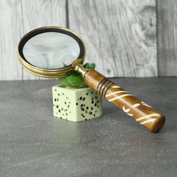Decorative magnifying glass with a brass frame and inlaid wood handle, displayed as an elegant desk accessory.