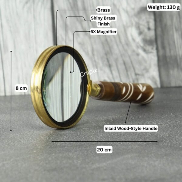 Image of the wood handle magnifier with labeled dimensions: 20 cm length, 8 cm lens diameter, 130g weight, and 5X magnification.