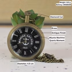 Infographic of the pocket watch detailing its features: antique brass finish, Miyota quartz movement, and 4.5 cm diameter.