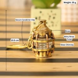 Image of the brass lantern keychain with labeled dimensions showing 10.5 cm length and 35g weight.